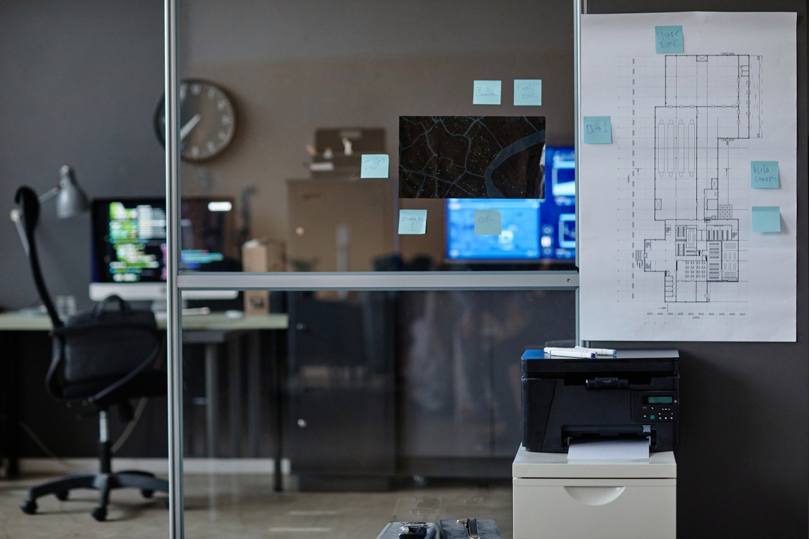 Lifegear research and development office with blueprints